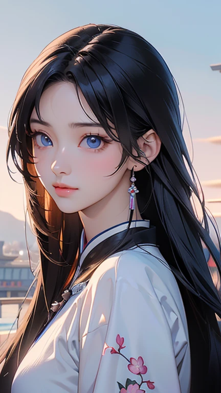 (Highest quality、 8k 、masterpiece、High resolution)、(Chinese Drama、Changgexing、Li Changge、Dililaba)、Tang Dynasty、Changan、1 Female、Beautiful young person、blue eyes、古いChanganの街並み、Anime Beauty、Anime Art、Official Art、Detailed CG、