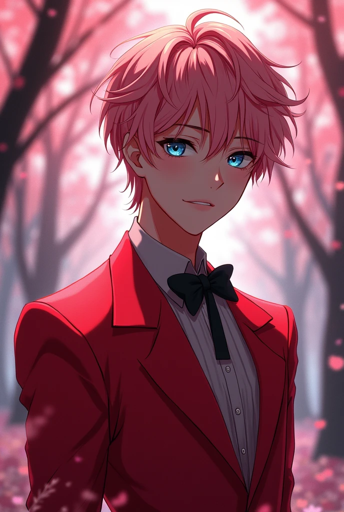 Draw an anime guy 17 with dark pink hair, light baby blue eyes, and black skin. He's wearing a long dress that's very tight on his body and his thin waist. The color of the dress is red. He's a handsome guy.