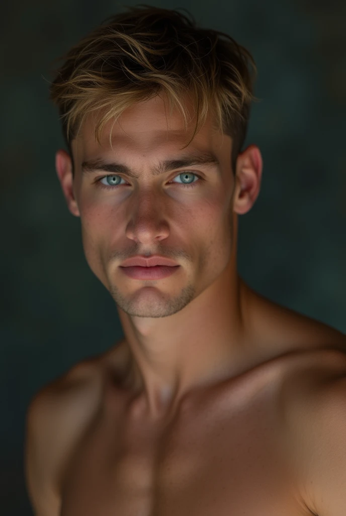 (best quality, masterpiece, 8K, photorealistic, cinematic lighting, hdr image, ultra detailed, beautiful image), 1 man, 22 years old, university man, very handsome, (without expression, serious), short dark blond hair, blue grey eyes ( penetrating gaze), perfect face without errors, imposing posture, without errors, university student, class background, naked, trimmed and strong chest, beautiful big cock trimmed and horn.