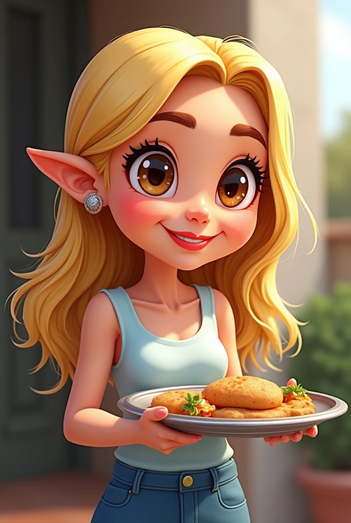 Cartoon image of a 40 year old blonde woman with waist length hair, Brown eyes, big ears, Wide nose, arched and marked eyebrows, fine lips, with a tray from the mayor of the municipality of Cabimas, Zulia state 