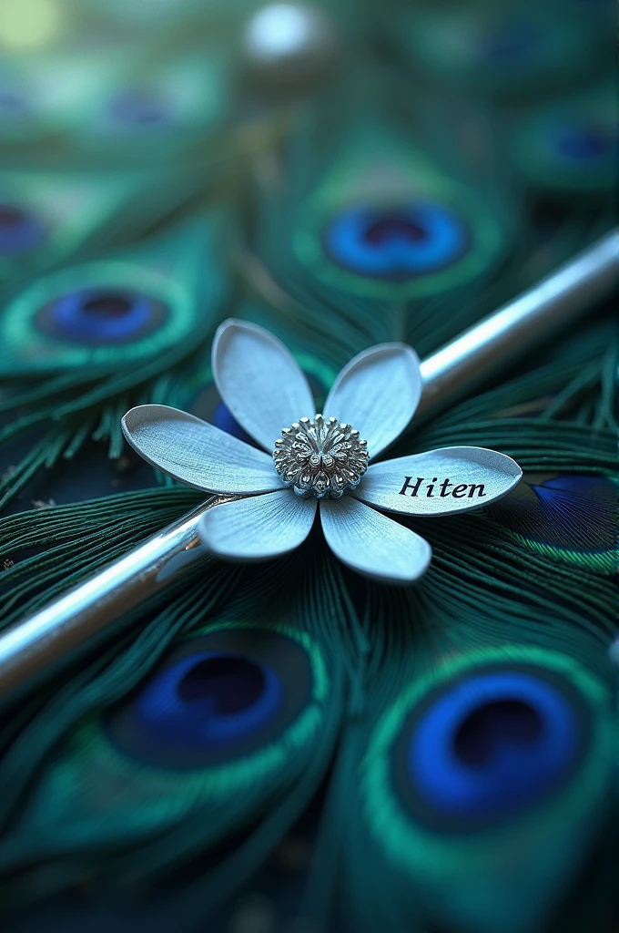 Create a photo that has many peacock feathers. Have a flute. A small silver flower with Hiten's name written on it.