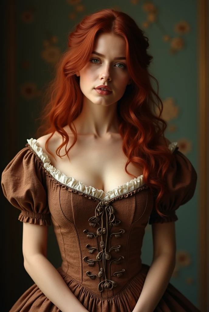 period novel(19th-century)

woman with long loose dark red hair, voluptuous, elegant vintage dress.

