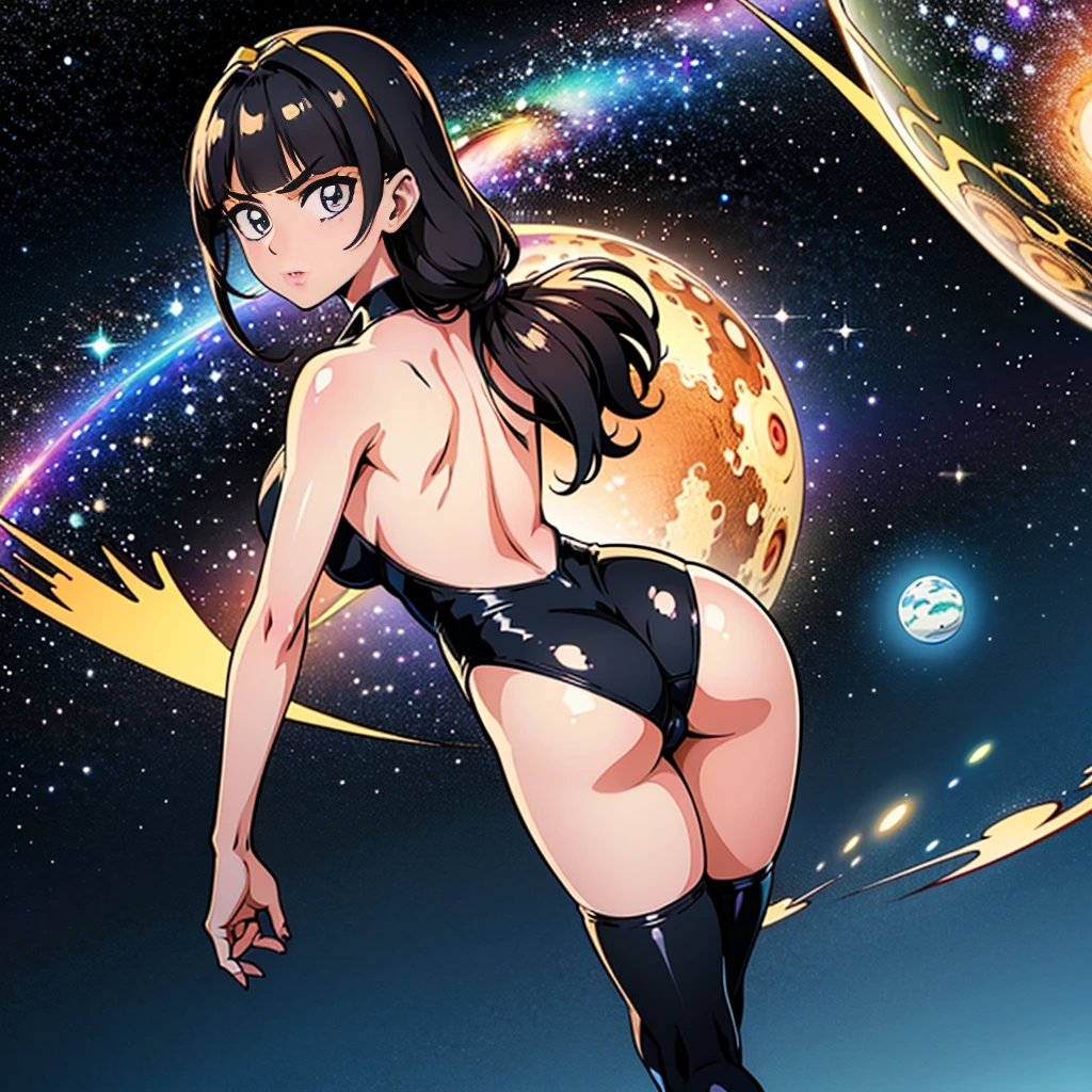 (1 girl), (solo), ((amanogawaki)), best quality, highres, high quality, 8k, HD, super detail, anatomically correct, UHD, accurate, (masterpiece:1.0), (high quality:1.0), (ultra detailed), (Planets on a Galaxy background), Looking Back, Looking At viewer, Serious Face, detailed eyes, (Black Leotard), (Black thigh Highs), (perfect hands)