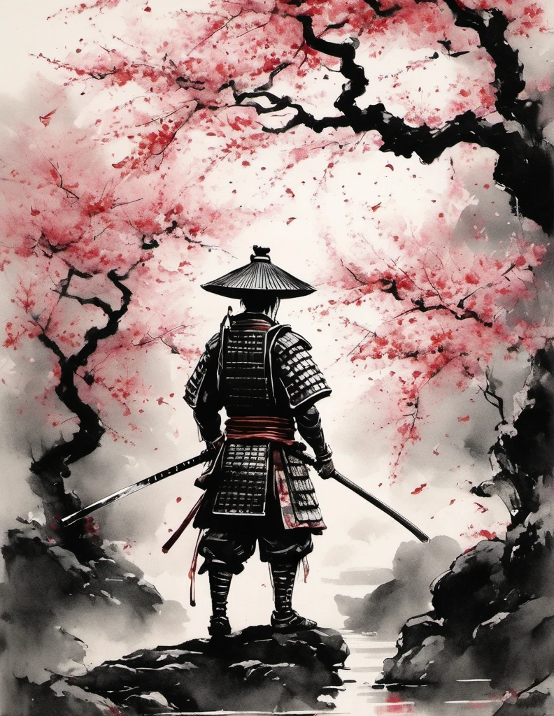(best quality,highres:1.2),ultra-detailed,traditional Japanese samurai armor,warrior,stoic expression,serious,skilled swordsmanship,classic katana,samurai code of honor,sacred devotion,falling cherry blossom petals,ancient cherry blossom tree,authentic Japanese landscape,peaceful temple in the distance,subtle light and shadow,sublime artistry,brushstrokes,deep black ink wash,Manga-inspired,traditional woodblock print style,vibrant colors,delicate linework,faint scent of incense,serene atmosphere