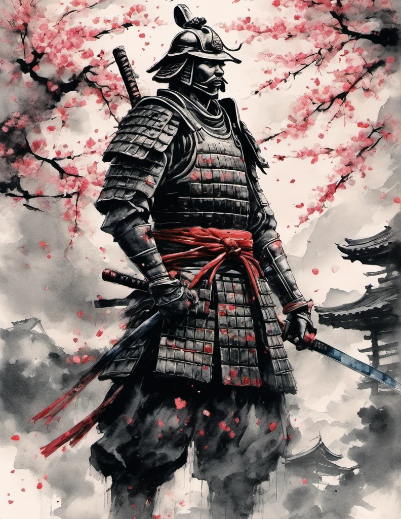 (best quality,highres:1.2),ultra-detailed,traditional Japanese samurai armor,warrior,stoic expression,serious,skilled swordsmanship,classic katana,samurai code of honor,sacred devotion,falling cherry blossom petals,ancient cherry blossom tree,authentic Japanese landscape,peaceful temple in the distance,subtle light and shadow,sublime artistry,brushstrokes,deep black ink wash,Manga-inspired,traditional woodblock print style,vibrant colors,delicate linework,faint scent of incense,serene atmosphere