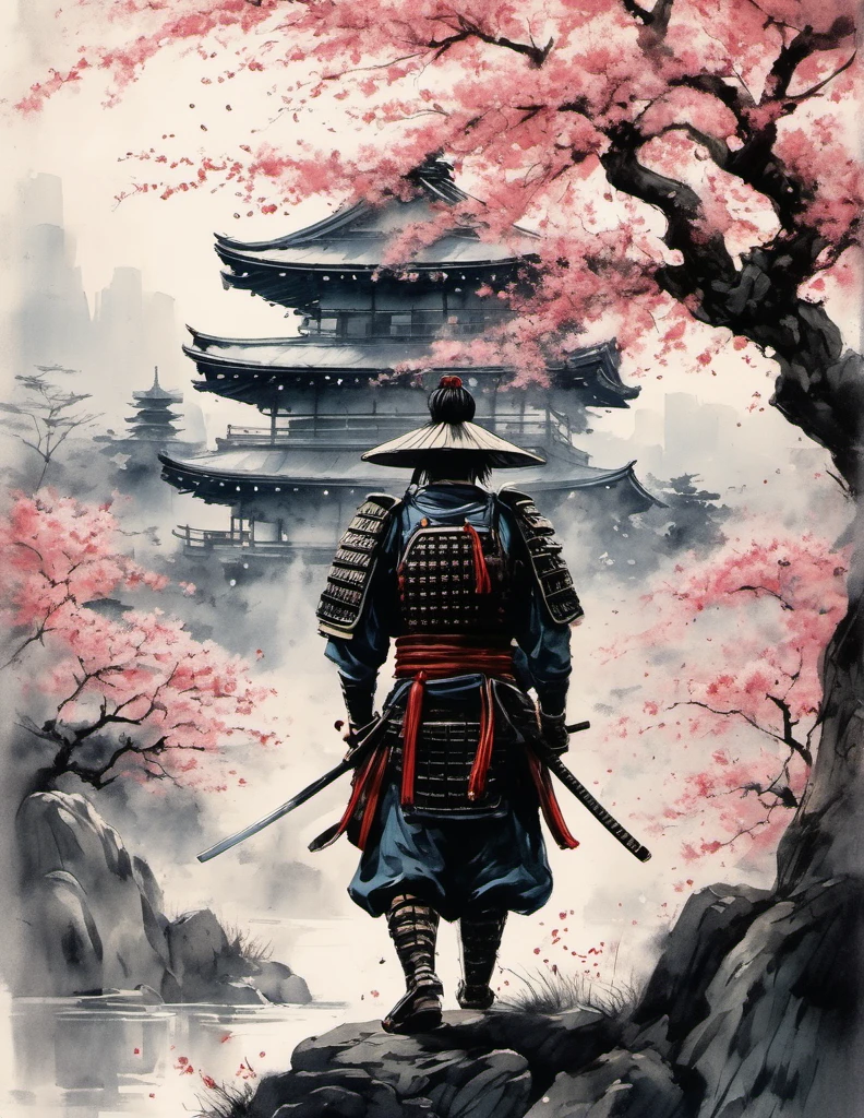 (best quality,highres:1.2),ultra-detailed,traditional Japanese samurai armor,warrior,stoic expression,serious,skilled swordsmanship,classic katana,samurai code of honor,sacred devotion,falling cherry blossom petals,ancient cherry blossom tree,authentic Japanese landscape,peaceful temple in the distance,subtle light and shadow,sublime artistry,brushstrokes,deep black ink wash,Manga-inspired,traditional woodblock print style,vibrant colors,delicate linework,faint scent of incense,serene atmosphere