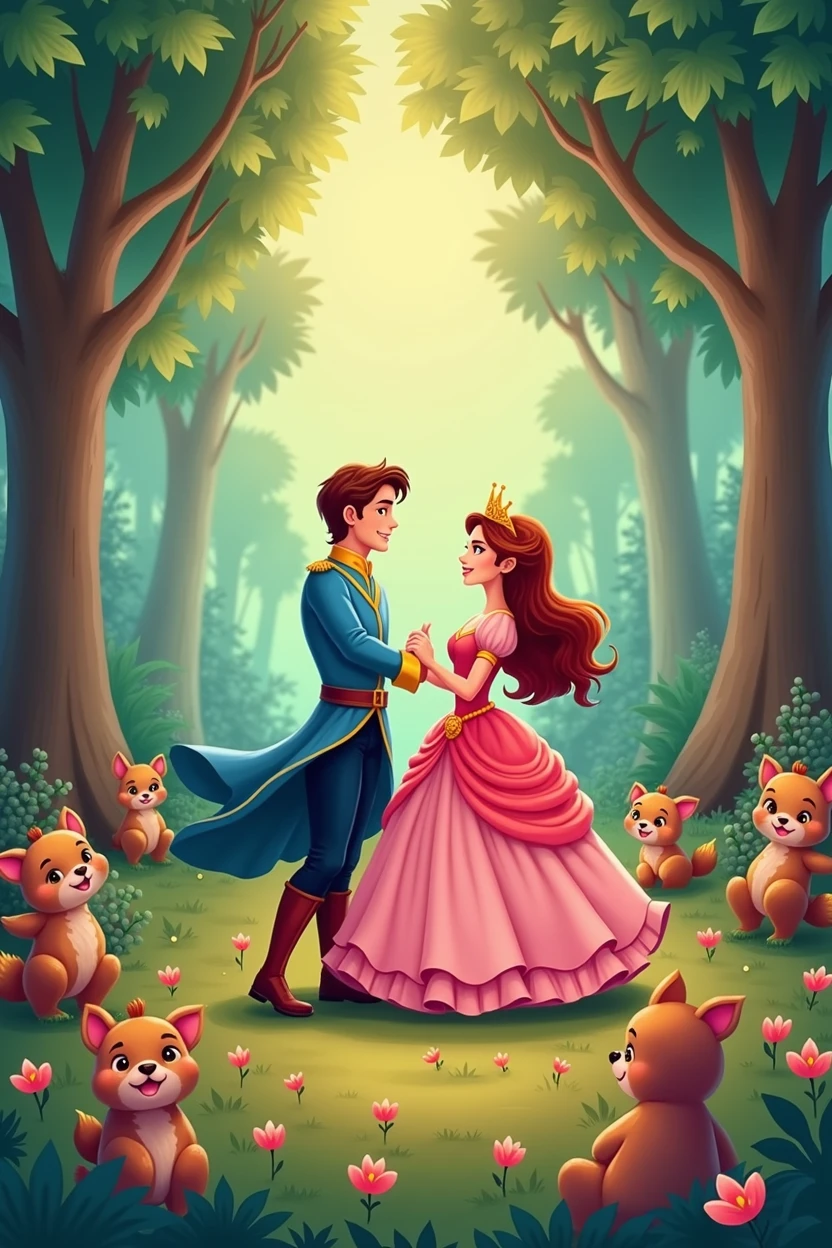 Make a picture of a princess dancing with a prince in the middle of the forest with lots of cute animals around and lots of festive party decorations