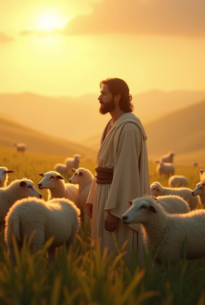 In a vast, sunlit field, Abel bíblical, the younger brother, stands peacefully among his flock of sheep. His face is calm and serene, reflecting a deep connection with the gentle light of the setting sun that bathes the scene in warm, golden hues. The lush green grass around him sways softly in the breeze, and the tranquility of the moment highlights Abel's purity and his harmonious relationship with nature. The landscape emphasizes the serenity and innocence that define Abel's character.