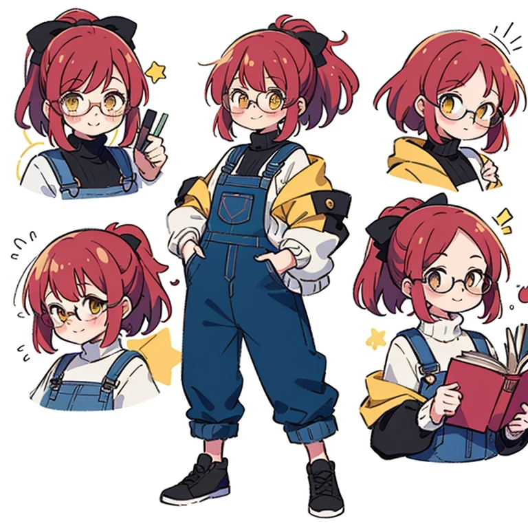 1 girl, librarian, (masterpiece, highest quality),(Detailed Hair), Super detailed, Anime Style, whole body, Little、cute、whole bodyきぐるみ, red hair ponytail、yellow eyes, Digital Painting, 8K High Resolution, whole body, White Background, Dynamic pose, Dynamic composition, (((black dungarees white turtleneck shirt and a loose jacket))), smile, pastel colour, stars, (horrible fashion sense), lazy and tired, ((glasses)), books