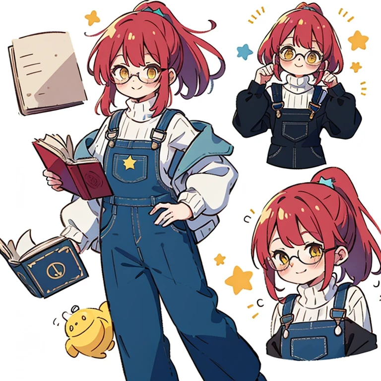 1 girl, librarian, (masterpiece, highest quality),(Detailed Hair), Super detailed, Anime Style, whole body, Little、cute、whole bodyきぐるみ, red hair ponytail、yellow eyes, Digital Painting, 8K High Resolution, whole body, White Background, Dynamic pose, Dynamic composition, (((black dungarees white turtleneck shirt and a loose jacket))), smile, pastel colour, stars, (horrible fashion sense), lazy and tired, ((glasses)), books