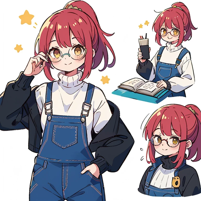 1 girl, librarian, (masterpiece, highest quality),(Detailed Hair), Super detailed, Anime Style, whole body, Little、cute、whole bodyきぐるみ, red hair ponytail、yellow eyes, Digital Painting, 8K High Resolution, whole body, White Background, Dynamic pose, Dynamic composition, (((black dungarees white turtleneck shirt and a loose jacket))), smile, pastel colour, stars, (horrible fashion sense), lazy and tired, ((glasses)), books