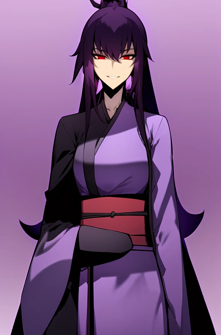 ((Perfect Face)) ((Expansive Hair)), background red-black, Girl, badass, wearing katana on waist, dominant girl, very beautiful, dark red eyes, long purple half tied hair flat headed ponytail model, very cute, very sexy body, smile intimidating, dragon tatto in neck, use a kimono dress covered with a robe