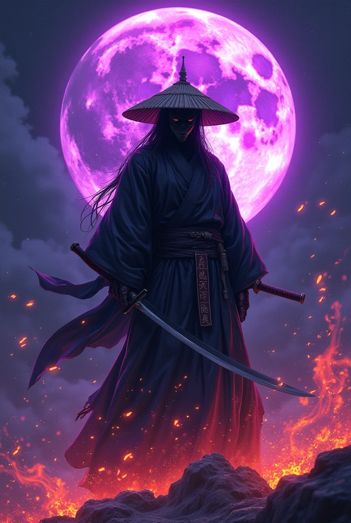 Uper moon 1 kokoshibo with purple moon in his background showing his sword and write something cool in Chinese on moon and wearing a straw hat and write something cool in Chinese on the moon with white colour and moon is center of his body and he has no face and anime pic and he wearing black clothes with u fire powerd cloths and sword