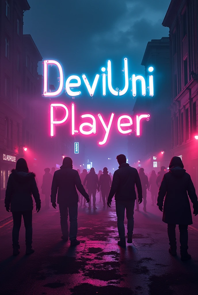The image needs to be written "DeviUniPlayer" in the form of neon and a war against zombies