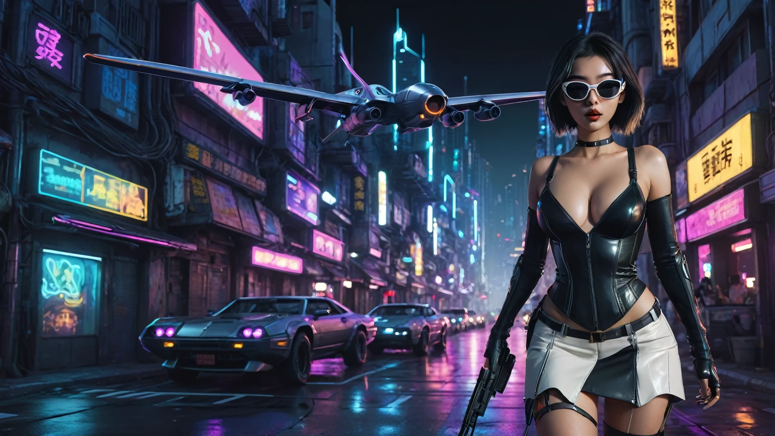 comic style cyberpunk city, line art background, flying cars, at night. (1girl, solo), photo realistic, medium-breast:1.3 slim body, cleavage, sling top, miniskirt, black sunglasses, holding a short gun, half-body thigh level medium shot, cinematic lighting, ray tracing.