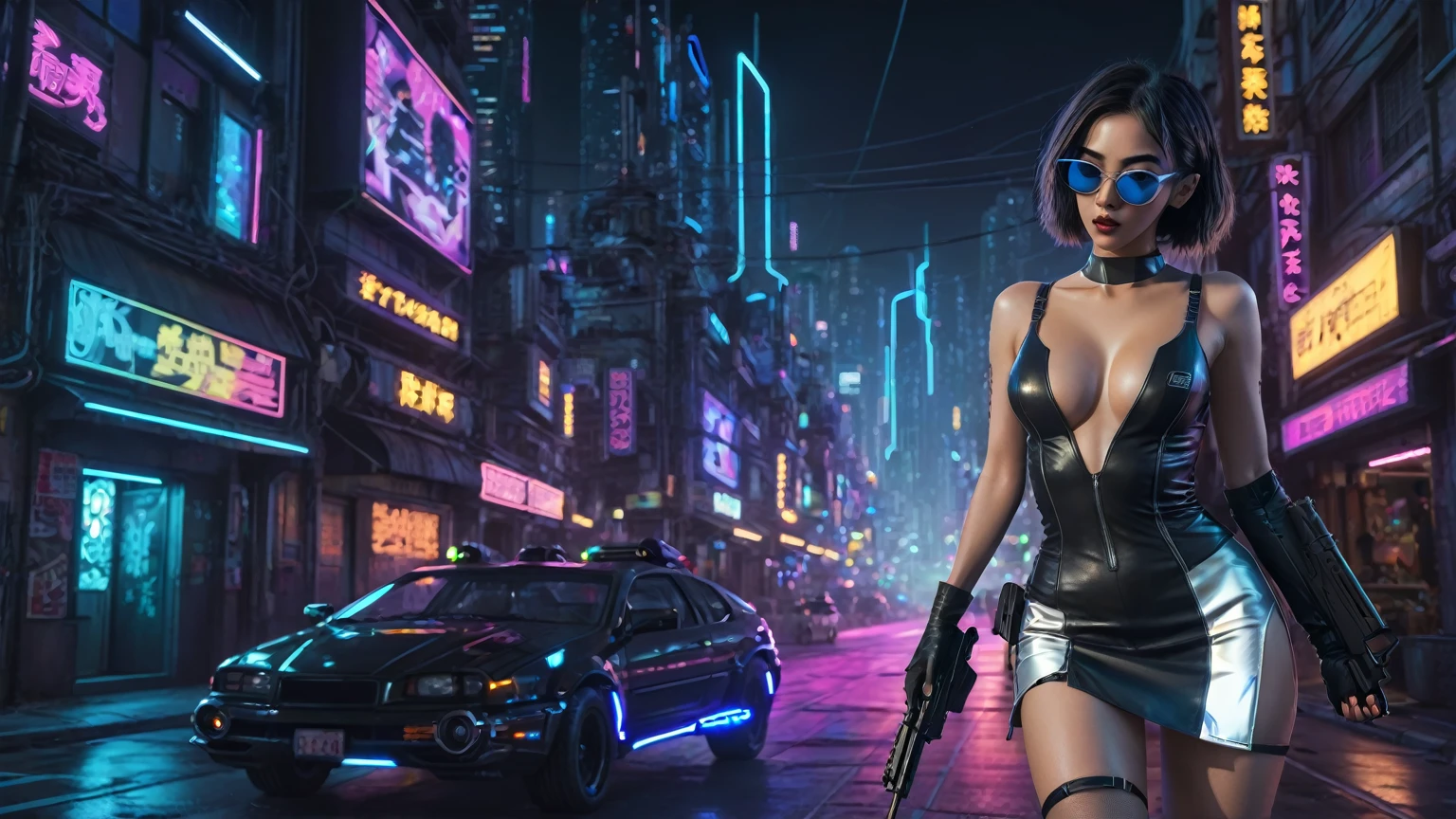 comic style cyberpunk city, line art background, flying cars, at night. (1girl, solo), photo realistic, medium-breast:1.3 slim body, cleavage, sling top, miniskirt, black sunglasses, holding a short , half-body thigh level medium shot, cinematic lighting, ray tracing.