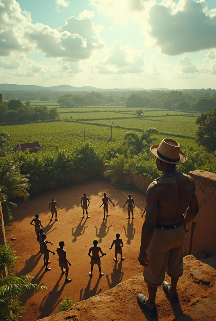 A cinematic and realistic high-resolution scene showing a monoculture farm from the colonial period, com escravizados playing capoeira ao fundo, enquanto the sugar mill owner os observa atentamente. The farm is vast, with plantations arranged in rows that stretch as far as the eye can see. The scenario is typical of a monoculture farm, with plantations such as sugar cane or coffee, surrounded by small adobe buildings, including slave quarters and warehouses.
No fundo, a group of slaves are gathered in a circle, playing capoeira. Their expressions show concentration and agility, while performing the rhythmic and acrobatic movements of the dance-fight. They wear simple, worn clothes, but their bodies are in tune, reflecting cultural resilience and community connection.
In contrast, the sugar mill owner, positioned at an elevated vantage point or on a balcony, watches the scene with a serious and controlling expression. He wears typical clothes of a rich man of the time., with a straw hat and maybe a cane, observing the enslaved with a penetrating and watchful gaze.
Daylight is bright, with the sun high in the sky, lançando sombras suaves sobre a plantação e destacando o contraste entre a liberdade expressiva dos escravizados playing capoeira e o olhar opressor dthe sugar mill owner. Ao fundo, the plantations extend vastly, symbolizing the economic power and exploitation present on the farm.
