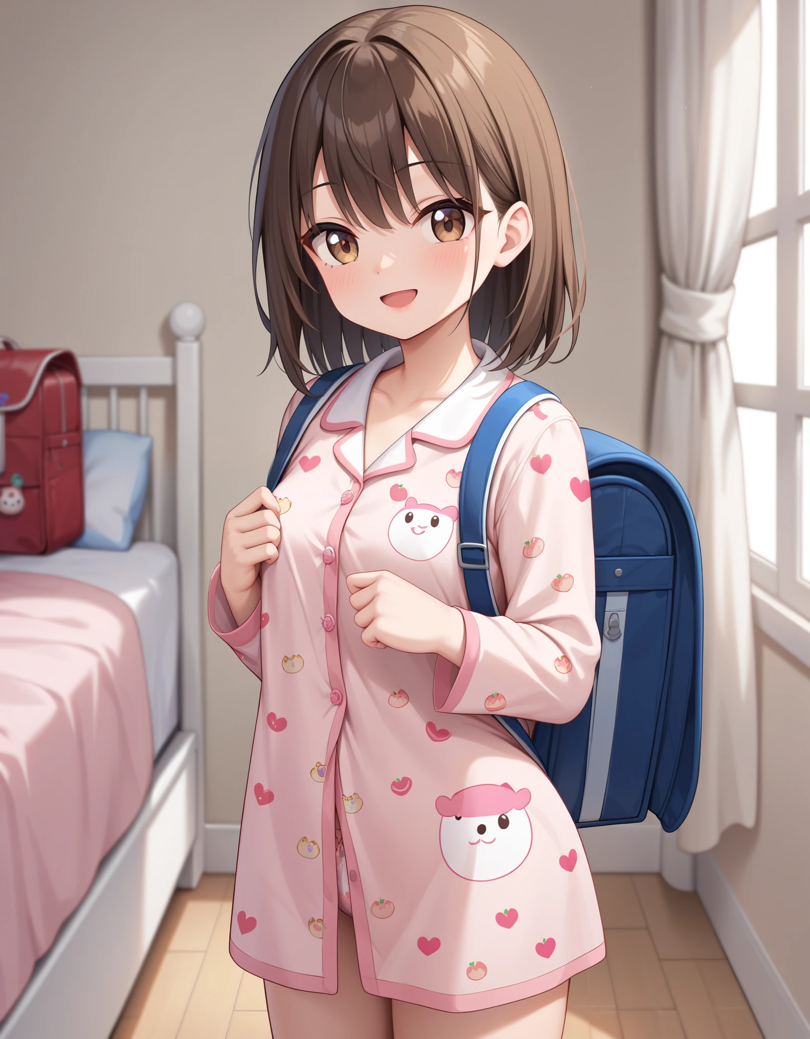 masterpiece, best quality, high resolution, extremely detailed, detailed background, cinematic lighting, 1girl, cute girl, 6 y.o, young girl 1girl, brown hair, brown eyes, smile, wear pajamas, pajamas, pajamas trouser, bedroom, indoor, standing,wearing red backpack, school backpack
