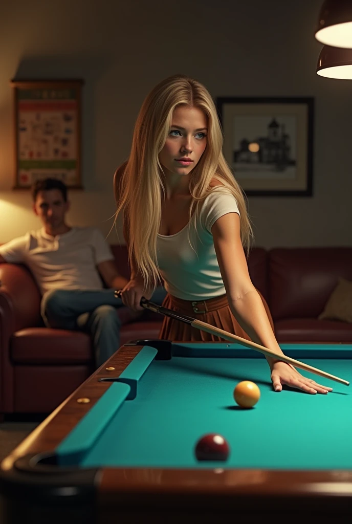 A blonde woman in a college skirt playing pool, while a man watches sitting on the couch behind her.