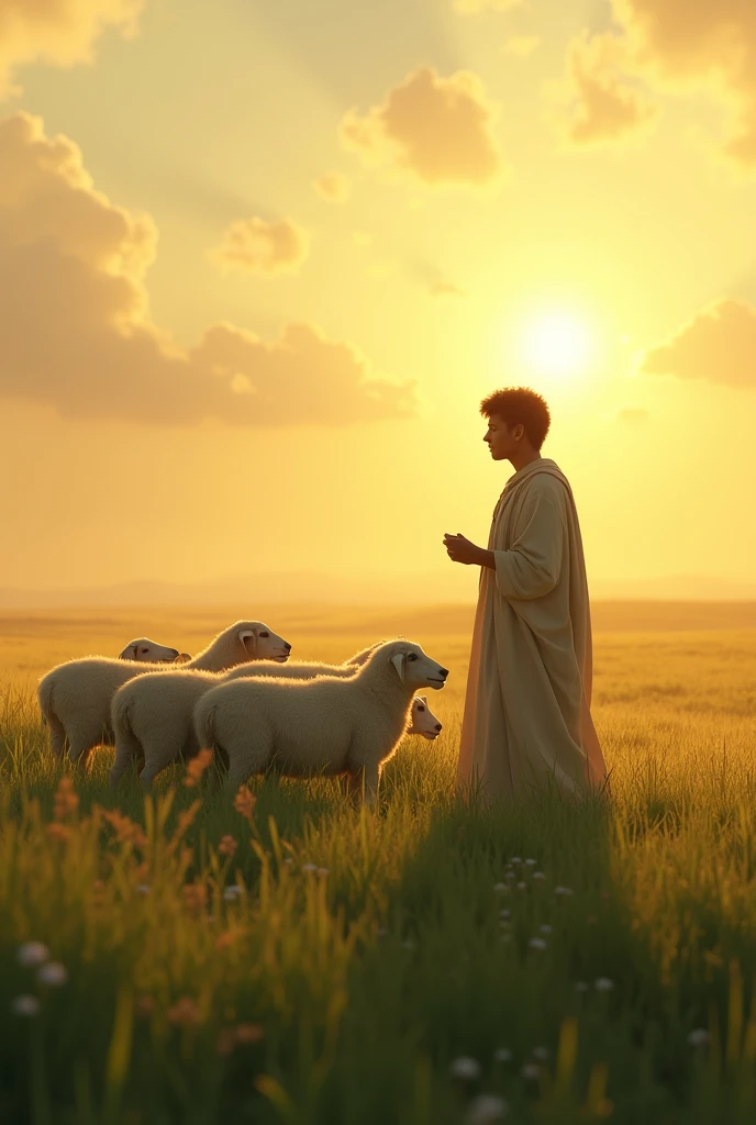 In a vast, sunlit field, Abel bíblical, the younger brother, stands peacefully among his flock of sheep. His face is calm and serene, reflecting a deep connection with the gentle light of the setting sun that bathes the scene in warm, golden hues. The lush green grass around him sways softly in the breeze, and the tranquility of the moment highlights Abel's purity and his harmonious relationship with nature. The landscape emphasizes the serenity and innocence that define Abel's character.