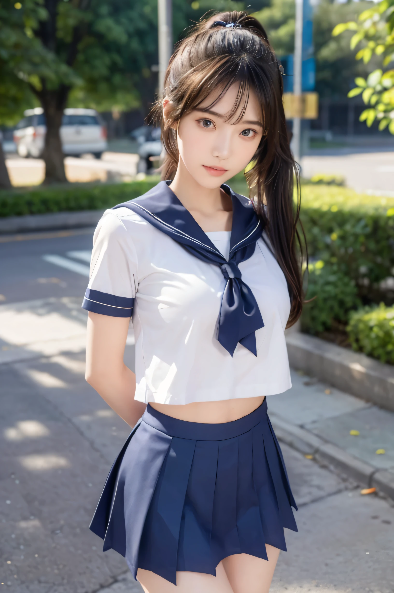 (Ultra HD), (Short-sleeved sailor uniform, Navy blue mini skirt), Big Breasts, slender, Narrow waist, (I can see my belly button:0.8), whole body, Standing posture, (Beautiful Skin, Shiny skin, White skin), (Super slim face, Super beautiful face), (ponytail, Layered Cut, Fluffy hair), (double eyelid, Slanted Eyes), Small Nose, Thin lips, Thin legs, In front of the school gate, evening