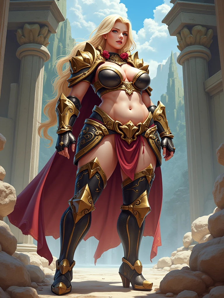 attire, Very long blonde hair fit Woman wearing amazin armor, Womanly, impossibly small tiny waist abs waistline, circumference of lower extremities far exceeds 80 inches hips, huge breasts, she has massively immense hip measurements, with the largest fit buttocks, location: Dragon's Crown first kevel, intense detail, bold leggings, semi realistic anime style, A bottom-heavy, superior body part, voluptuous lower fit body, feminine figure, portraits, Reductionist form, mujercore, bold lines, an Inferior Physical Goddess