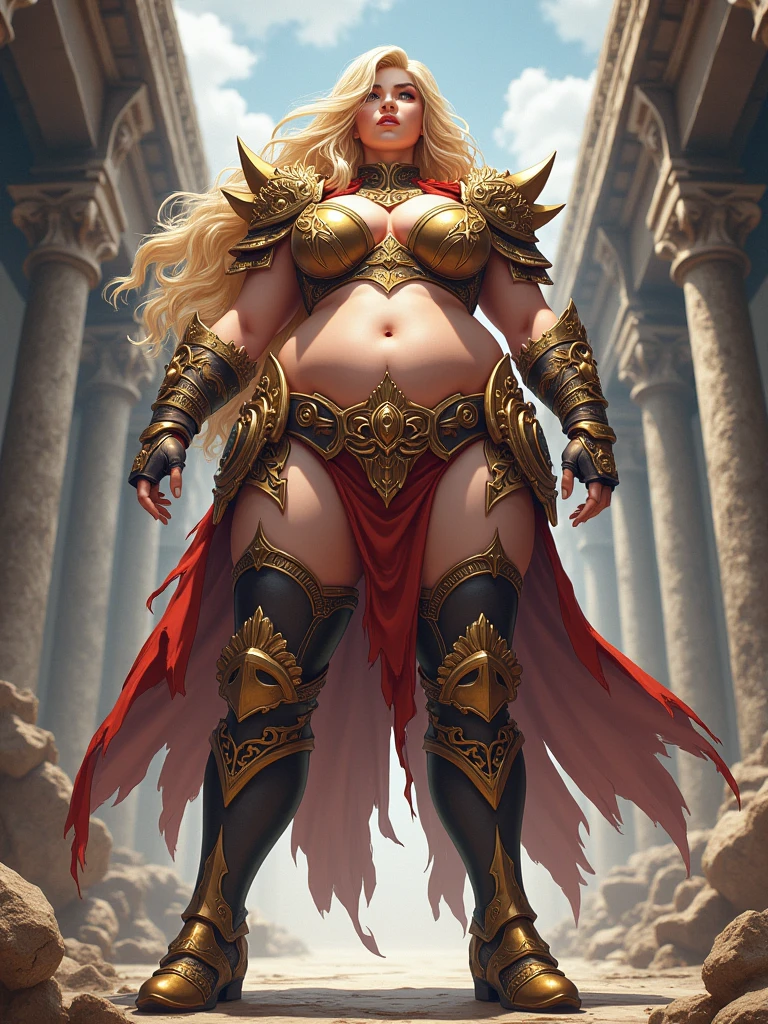 attire, Very long blonde hair fit Woman wearing amazin armor, Womanly, impossibly small tiny waist abs waistline, circumference of lower extremities far exceeds 80 inches hips, huge breasts, she has massively immense hip measurements, with the largest fit buttocks, location: Dragon's Crown first kevel, intense detail, bold leggings, semi realistic anime style, A bottom-heavy, superior body part, voluptuous lower fit body, feminine figure, portraits, Reductionist form, mujercore, bold lines, an Inferior Physical Goddess