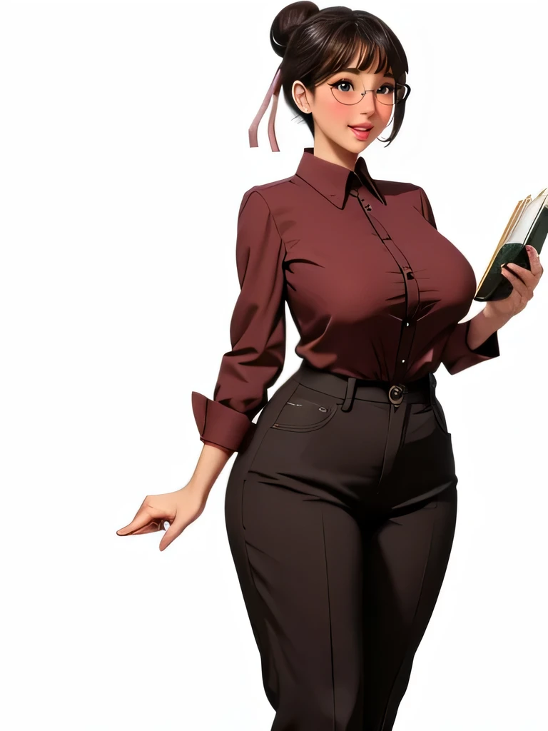 (highres, high quality:1.3), intricate details, cinematic lighting, sharp focus, depth of field,
KuroseKatsuko, 1girl, solo, full body, mature female, looking at viewer, standing, white background, siple background,
serious, embarrassed, blush, holding book, open mouth,
[brown|black] hair, short hair, blunt bang, hair bun, ribbon, makeup, lipstick, eyelashes, brown eyes, detailed eyes, glasses, perfect face, cute nose, beautiful face, perfect face, illuminated face, thick lips, blushes, symmetrical face, beautiful detailed face, human ears, seductive, pleasure expression, orgasm expression,
Buttoned up blouse, black pants,  tight clothes,
huge breasts s, hourglass figure, big breasts, huge breasts, large breasts, big butt, huge butt, very slim stomach, thin belly, buttoned up blouse 