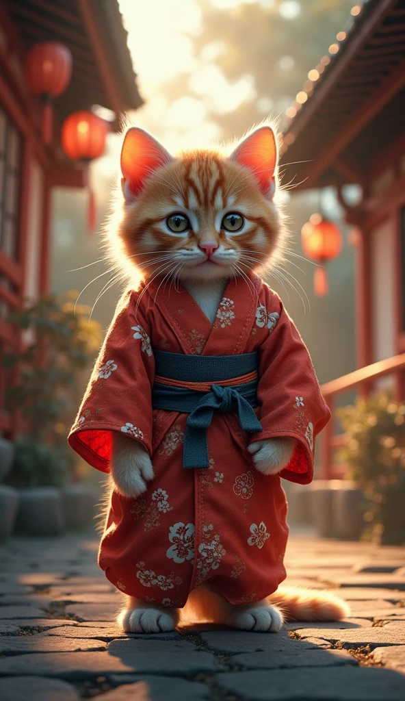 A kitten is standing wearing a yukata、Traditional Japanese House、detailed fur texture、Very detailed、Ethereal、Shine、mysterious、Fantasy、Ukiyo-e style、Bright colors、Dramatic lighting、Digital Painting、8k、High quality、