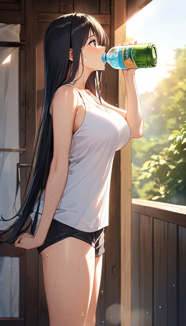 Girl,cute,cute,Chest to head,Straight Hair,Long Hair,Black Hair,morning,sunny,big breast photos,Are standing,From the side,Sweat,Sun light,Tank top,Look Up,Drink directly from the bottle