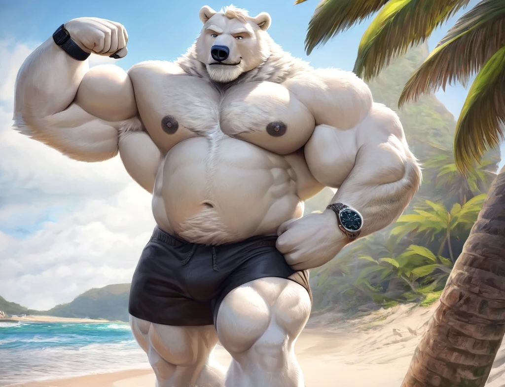 huge buff muscular polar bear Dad in Tropical Beach, big smirk, polar bear, huge white fur, thick arm, huge arm, bearded. Short white hair and white beard, white mustache, bearded white, (muscular, pectoral, wide pectoral, thick arms), correct anatomy, beach, palm, realistic, added grayish eyebrows, detailed eyes, 8k, masterpiece, (wearing black shorts, wristband, watch and shirtless), grunting, flexing, straining, gainig massive muscle power