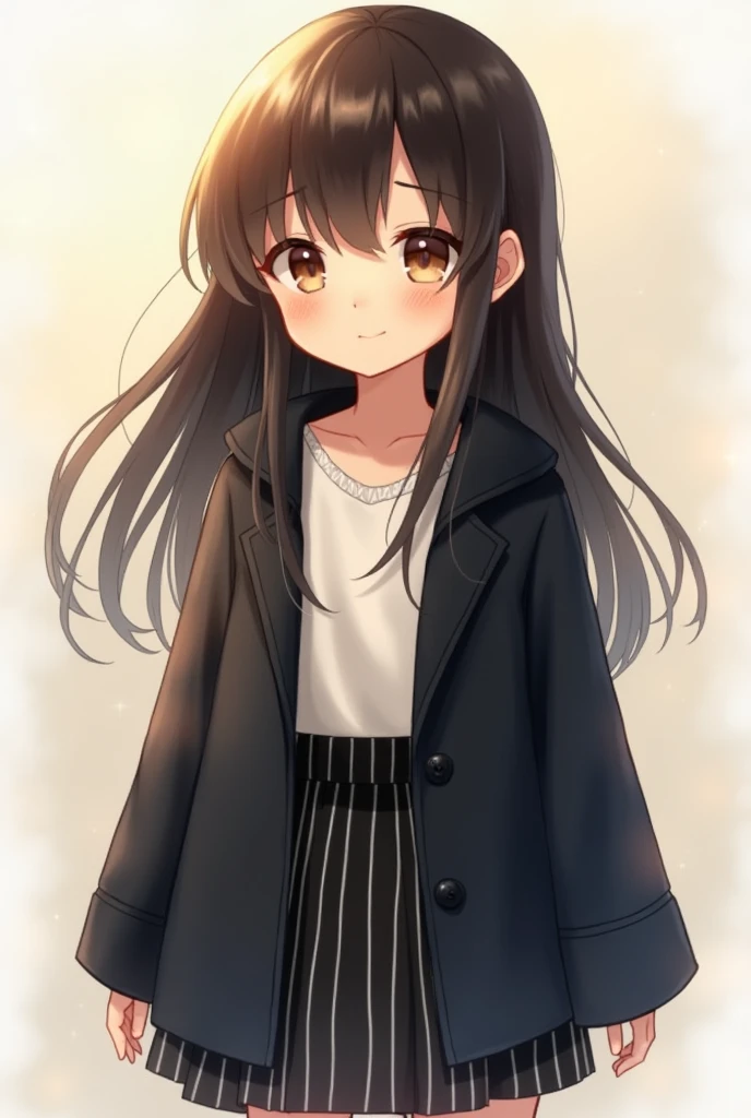 drawing style a girl with long dark brown hair and brown eyes in a black coat and a white outfit with a black striped skirt soft cute