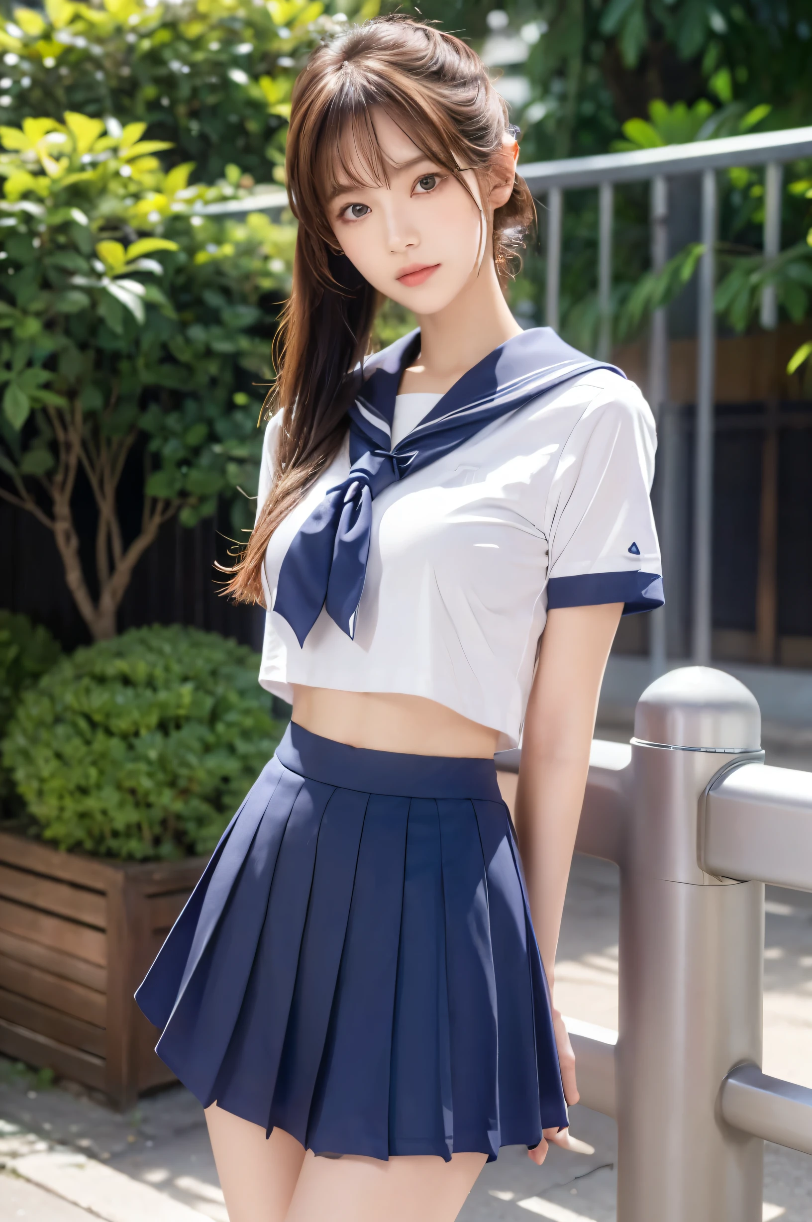 (Ultra HD), (Short-sleeved sailor uniform, Navy blue mini skirt), Big Breasts, slender, Narrow waist, (I can see my belly button:0.8), whole body, Standing posture, (Beautiful Skin, Shiny skin, White skin), (Super slim face, Super beautiful face), (ponytail, Layered Cut, Fluffy hair), (double eyelid, Slanted Eyes), Small Nose, Thin lips, Thin legs, In front of the school gate, evening
