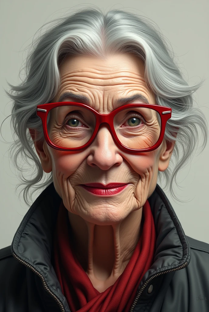 Make an old woman with some facial expressions with lipstick and red glasses, half round square, gray hair with gray tips