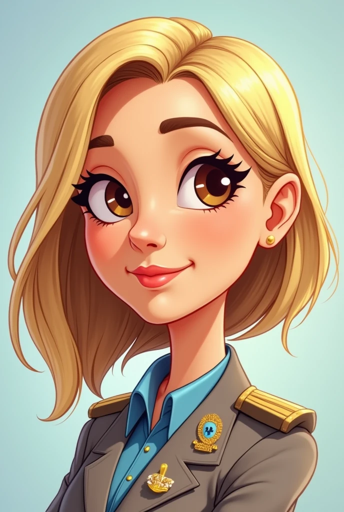 Cartoon image of a 40-year-old blonde mayor with waist-length hair, with medium texture, Brown eyes, medium ears, Wide nose, arched and marked eyebrows, fine lips, with a band of mayor of the municipality of Cabimas, Zulia state