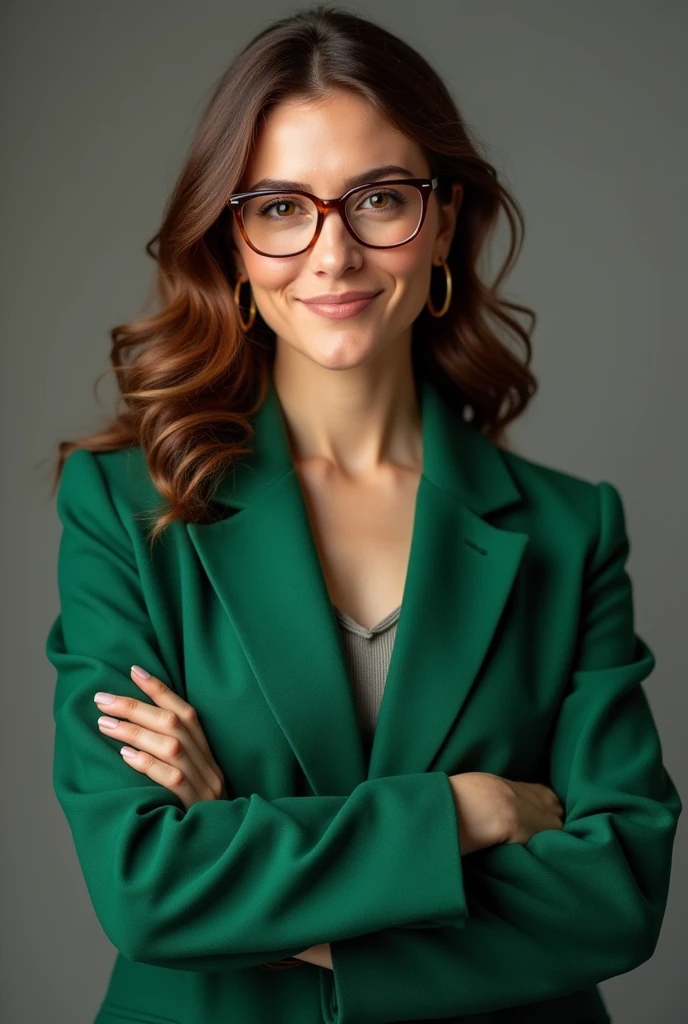 A woman in a green coat with her arms crossed, hair lightly (kac) wavy and long and brown eyes, and showing that he is an expert in eye health. Wearing thick gold earrings. wearing prescription glasses