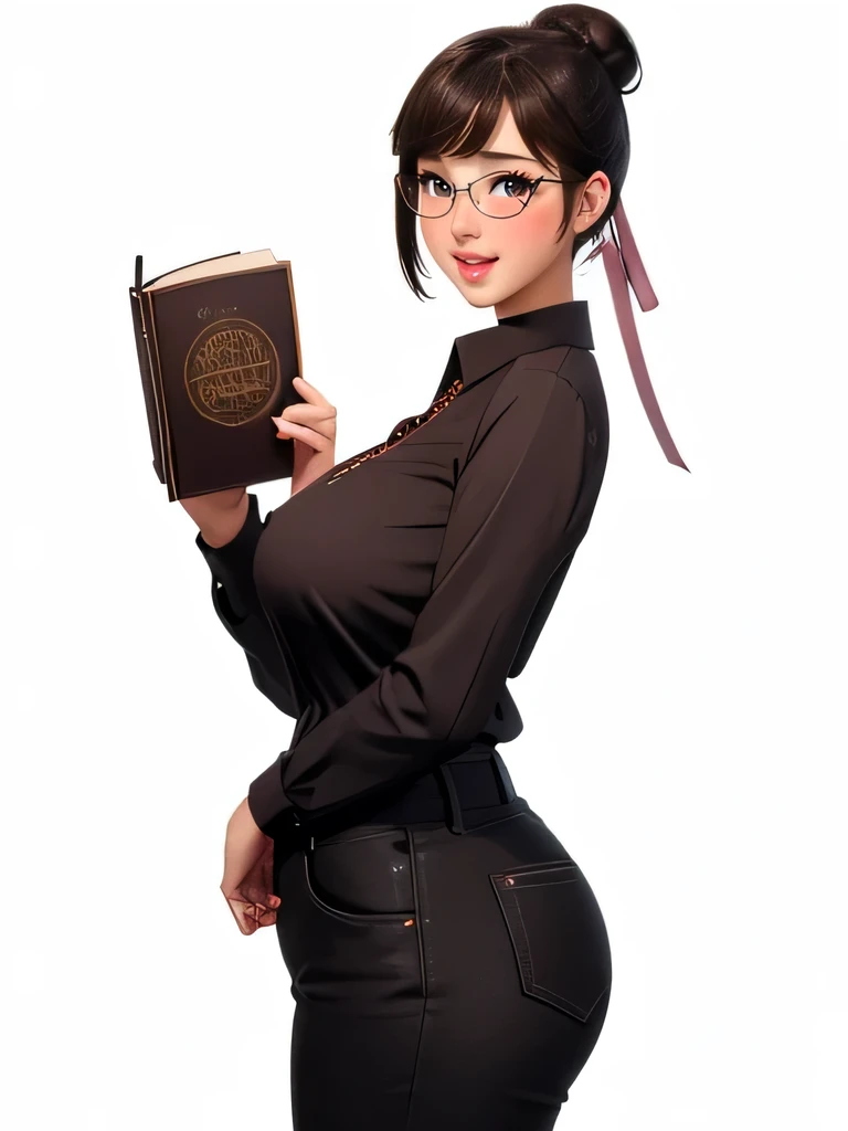 (highres, high quality:1.3), intricate details, cinematic lighting, sharp focus, depth of field,
KuroseKatsuko, 1girl, solo, full body, mature female, looking at viewer, standing, white background, siple background,
serious, embarrassed, blush, holding book, open mouth,
[brown|black] hair, short hair, blunt bang, hair bun, ribbon, makeup, lipstick, eyelashes, brown eyes, detailed eyes, glasses, perfect face, cute nose, beautiful face, perfect face, illuminated face, thick lips, blushes, symmetrical face, beautiful detailed face, human ears, seductive, pleasure expression, orgasm expression,
Buttoned up blouse, black pants,  tight clothes,
huge breasts s, hourglass figure, big breasts, huge breasts, large breasts, big butt, huge butt, very slim stomach, thin belly, buttoned up blouse 