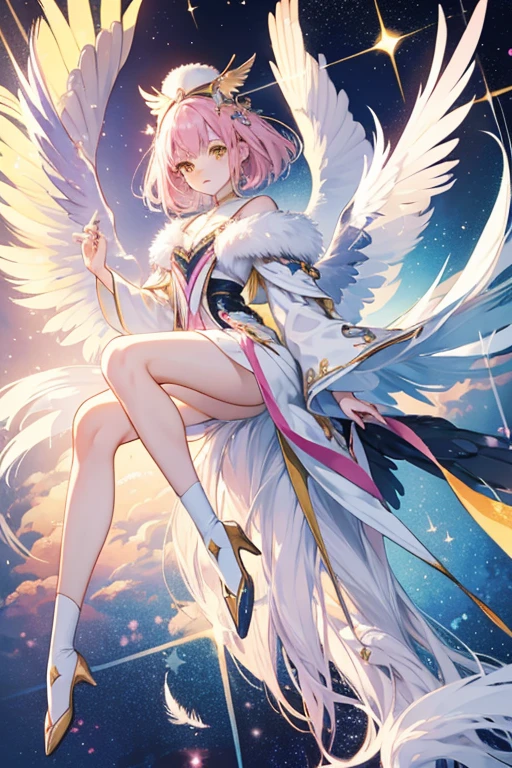 Nori is a white girl crane with a dark pink head and long legs, yellow cheeks, and blue wings. her blue wings also have white fluffy feathers. SPARKLE; GLITTER.