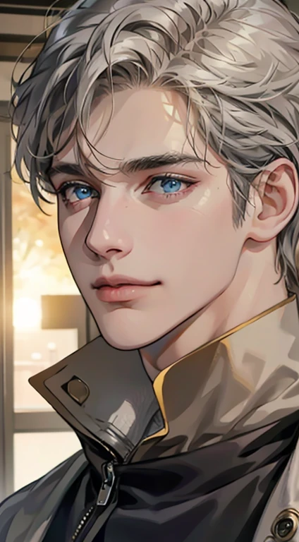 (best quality,4k,8k,highres,masterpiece:1.2),ultra-detailed,(realistic,photorealistic,photo-realistic:1.37),1 man,31 years old,mature man,very handsome,without expression,smile,short grey golden hair,blue eyes,penetrating gaze,perfect face without errors,imposing posture,businessman,office background,cinematic lighting,hdr image