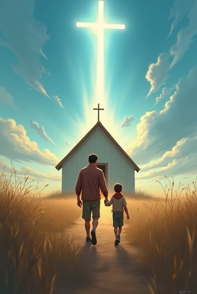 Father&#39;s Day image facing the church, scene where a father and his son are holding hands, walking towards a Christian church/evangelical in the form of a shed 
. in the blue sky, a bright cross or a cross-shaped beam of light could appear, highlighting the faith that unites the family and the importance of the father as a spiritual guide.