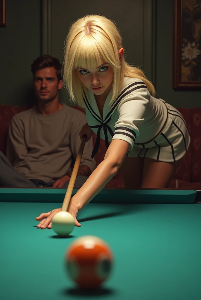A blonde woman in a schoolgirl skirt playing pool, while a man watches sitting on the couch behind her.