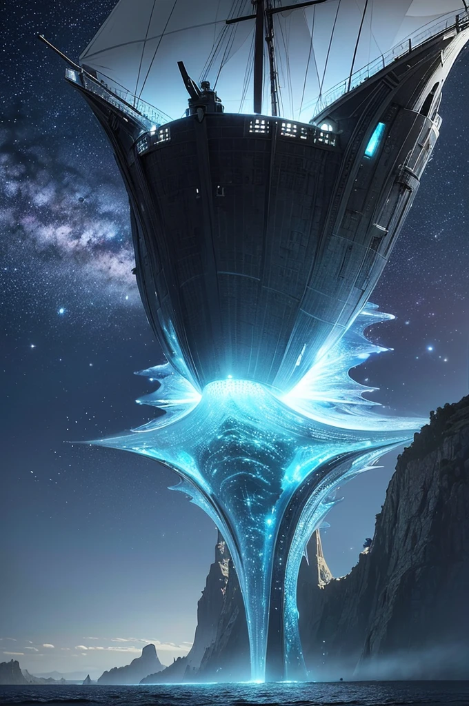 The ship has a fluid and organic shape, as if it were an alien creature rather than a technological construct. Their surfaces are made of a translucent material that reflects and absorbs light., creating an appearance that changes depending on the position of the stars and the intensity of the light around them. Sometimes it seems almost invisible, other times it shines with an ethereal glow.