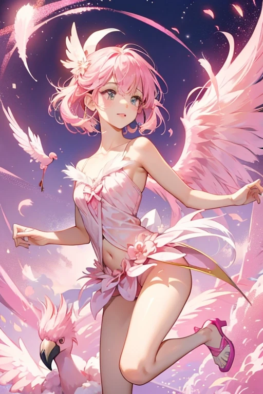 Pinx is a pink girl flamingo with a feather design, long pink legs, wings with pink and fluffy white feathers, a pink beak, and pink cheeks. SPARKLE; GLITTER.