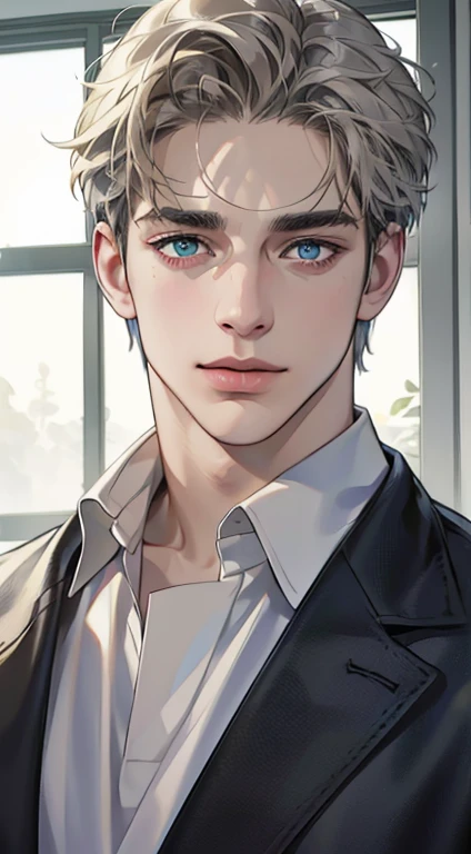 (best quality,4k,8k,highres,masterpiece:1.2),ultra-detailed,(realistic,photorealistic,photo-realistic:1.37),1 man,31 years old,mature man,very handsome,without expression,smile,short grey golden hair,blue eyes,penetrating gaze,perfect face without errors,imposing posture,businessman,office background,cinematic lighting,hdr image