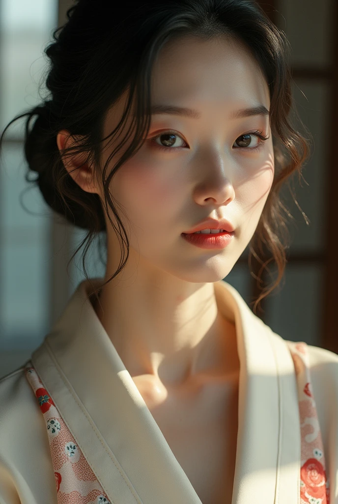 An elegantly dressed Japanese woman in natural light、A close-up of her chest and calm expression.、It shows her inner peace and outer charm.。