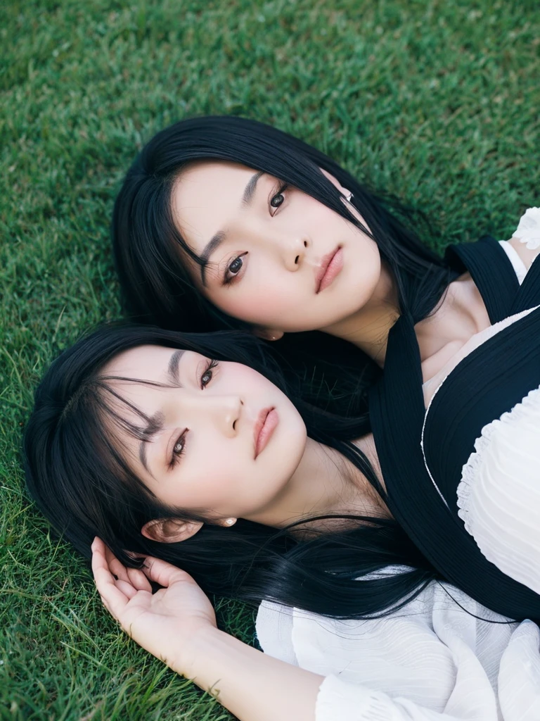 A black-haired Japanese woman lying alone on the grass looking up at the starry sky


