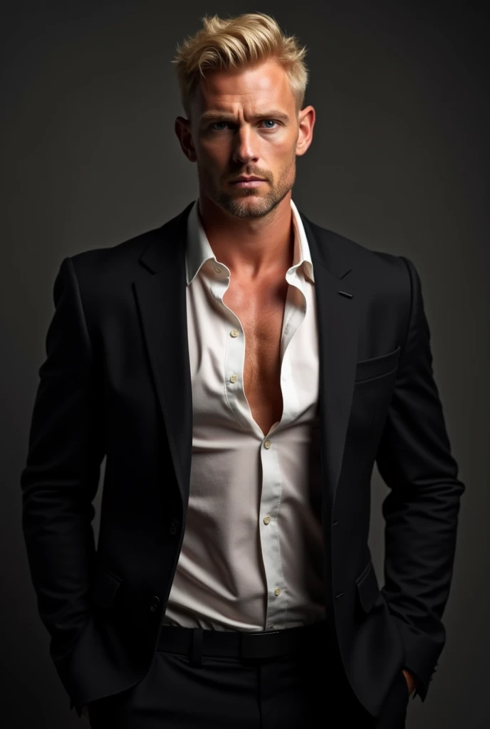 English man, appearance in his forties masculine and powerful, handsome, strong, blue eyes, blond, tycoon in black suit with open shirt showing bare chest