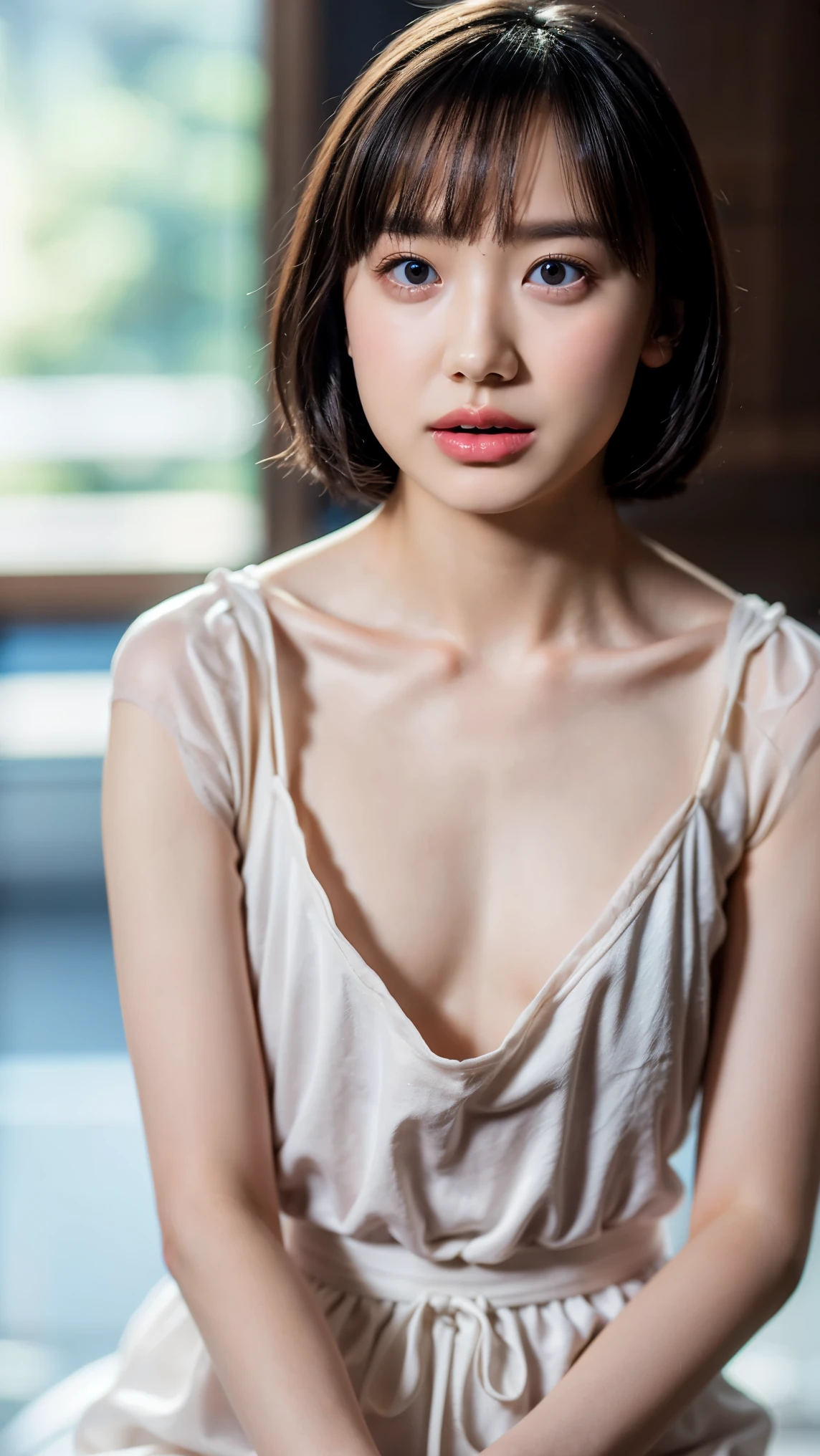 (1 girl,   Girls, Full body portrait, Small breasts, Short Bob Hair, Completely naked, Nipples are visible, White panties), Fair-skinned, shiny thin lips, skinny, Body Type, Delicate and sexy collarbone, Highest quality, RAW Photos, Realistic, face, Incredibly beautiful girl, cute, Depth of written border, High resolution, 超detailed, detailed, Very detailed, extremely detailed eye and face, Sharp pupils, Sharp focus, Cinema Lighting