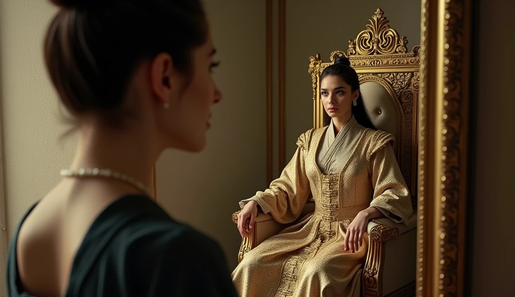 30 year old woman looking in the mirror and seeing in the reflection the image of a man sitting on a golden throne, referring to the figure of a powerful emperor