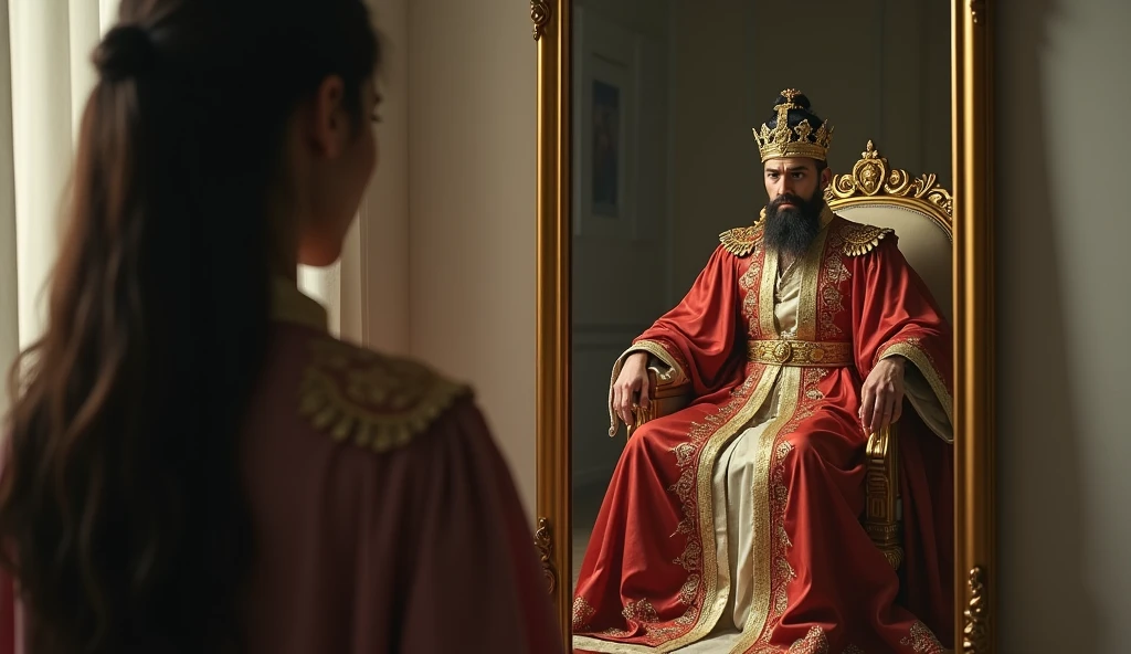 30 year old woman looking in the mirror and seeing in the reflection the image of a man sitting on a golden throne, referring to the figure of a powerful emperor